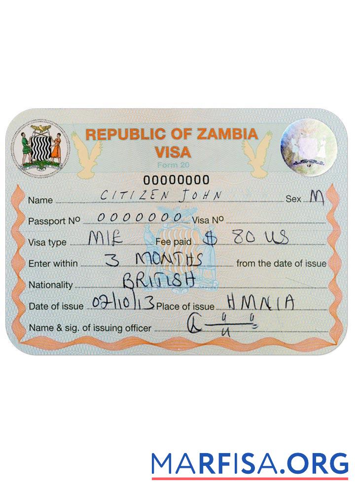 Blank Zambia visa example